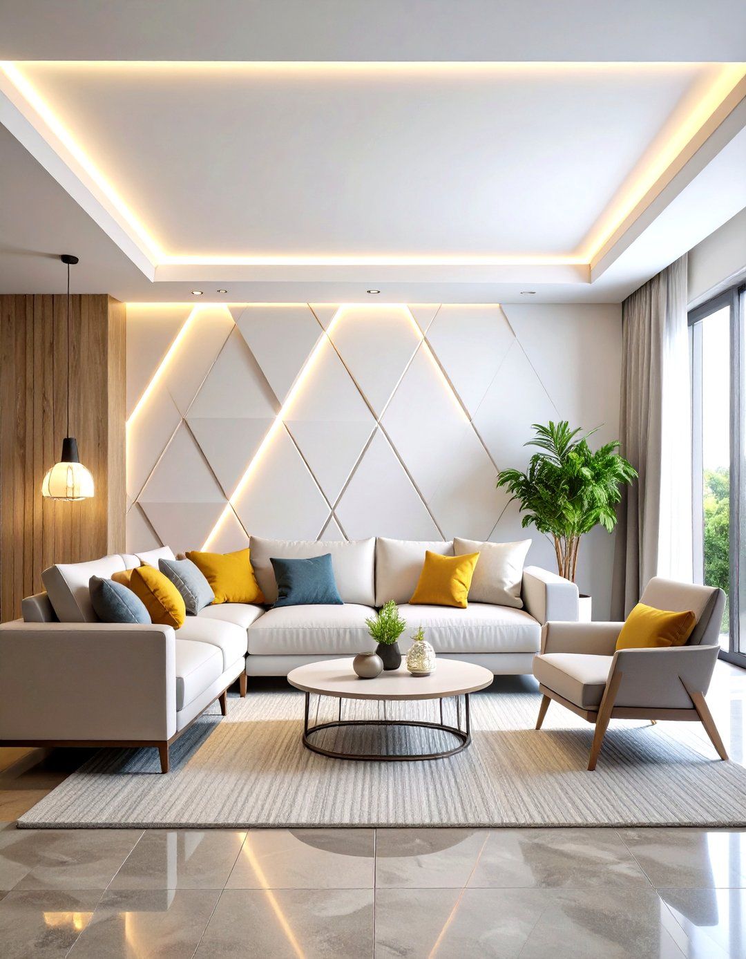 Duplex Living Hall featuring Concealed LED Strip Floating Console #10